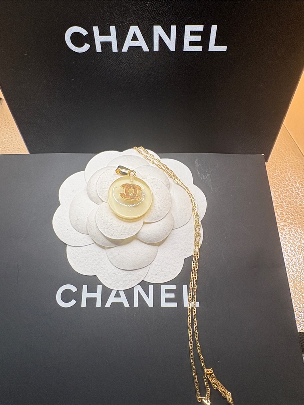 CHANEL⭐️ Authentic Gold-Tone CC Resin Pendant W/ Genuine 14kt Gold Chain